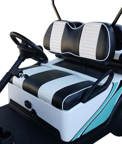 Huskey 4PCS Golf Cart Front/Rear Seat Covers for Club Car Precedent 2004-Up Gas and Electric Models Custom Fit Two-Tone Black with White Stripe & Piping, Marine Grade Vinyl, Staple On Design