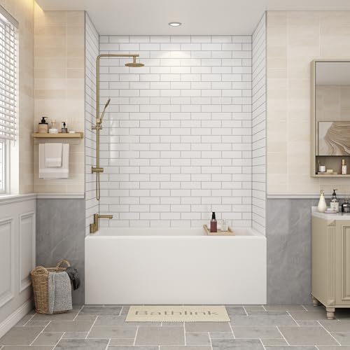 Bathlink Shower Wall Panels, 36D x 60W x 75H, Solid Surface Waterproof Wall Panels for Showers, Shower Surround Wall Kit, Glossy White Subway Tile Finish, 1/8\" (3mm) Thick, Trimmable - Thumbnail 2