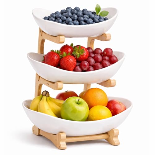 Zenquira Obst Etagere 3 Stöckig Keramik mit Bambusständer – Etagere Obstschale für Küche & Esstisch, Große Obstständer für Arbeitsplatte, Spülmaschinenfest