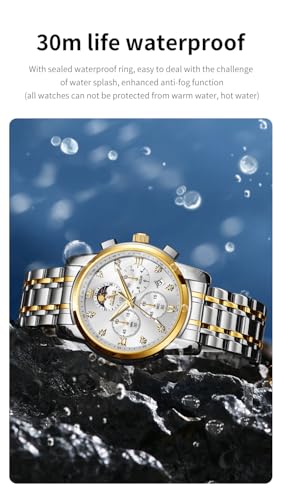 Image of OLEVS Chronograph Watches for Men Original Analog Quartz Black Stainless Steel Chain Luxury Dual Time Zone Moon Phase Date Waterproof Men's Wrist Watch