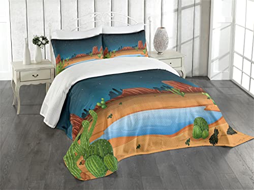 Ambesonne Oasis Bedspread, Cactus Plantation In A Desert Scene At Night Starry Sky View, Decorative Quilted 3 Piece Coverlet Set With 2 Pillow Shams, Queen Size, Blue Cream #TOP24