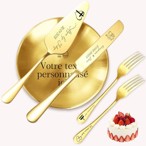Ensemble de Couteau à Gâteau de Mariage Personnalisé – Service avec Plateau Gravé Cadeau de Mariage pour Fiançailles, Anniversaires et Célébrations (Ensemble de 5 pièces en or)
