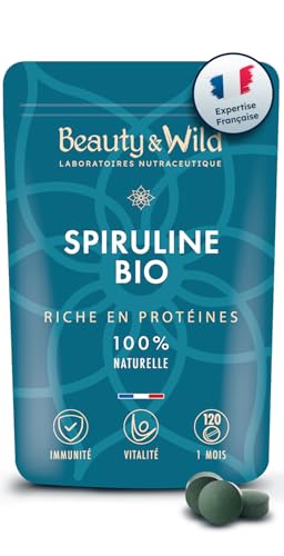Spiruline BIO 500mg - Superaliment Riche en Protéines (60%) & Phycocyanine – Énergie, Immunité, Détox, Endurance – Fatigue, Sport, Musculation - Vegan, Naturel - 120 Comprimés (1 Mois) - Haute Qualité