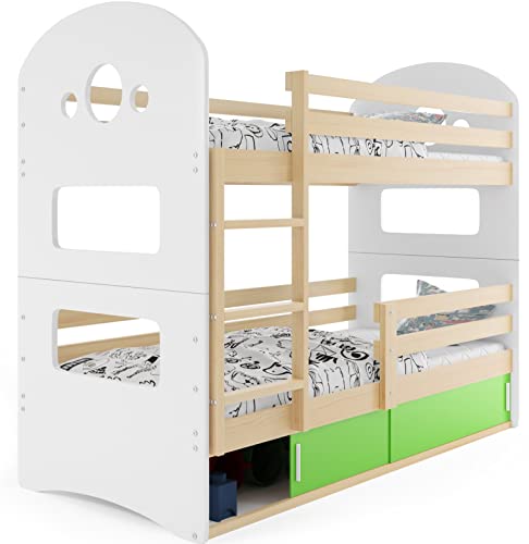 Interbeds Dominik 1 - Litera (160 x 80 cm), color blanco/gris/pino + variantes/con colchones (pino y puertas correderas verdes)