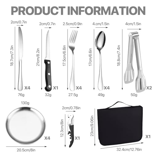 RoserRose Camping Geschirr Set für 4 Personen, 20-Teilig Tragbar Und Langlebig, Edelstahl Outdoor-Geschirr FüR Camping Und Picknick - Campinggeschirr, Ideal FüR Outdoor-AktivitäTen (Silber)