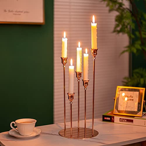 Candelabra Centerpieces For Tables Candlestick Holders - Gold Taper Candle Holders With Circular Base, Metal 5 Arm Candelabra Candle Stand For Wedding, Party, Home Decor, Fits 3/4 Inch Thick Candles #TOP3