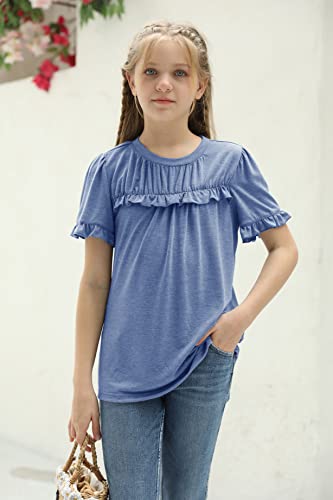 Haloumoning Girls Cute Short Sleeve Tunic Tops Casual Loose Ruffle T Shirts Kids Summer Soft Blouses Size 4-15 Years A-Blue #TOP1