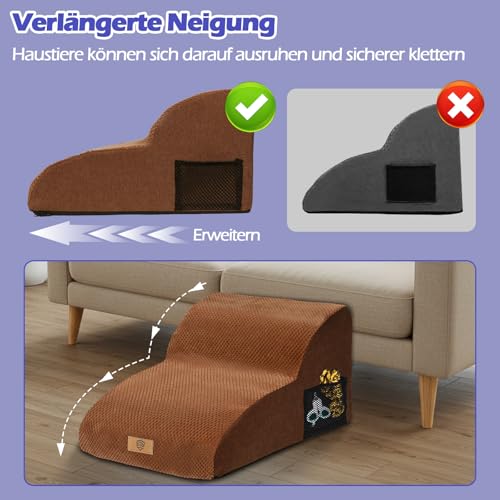 Eukue Hundetreppe 2 Stufen, Verlängert Hunderampe für Kleine Hunde und Katzen, Hochdichtem Schaum Haustiertreppe für Bett und Sofa aus, Tragbare Treppe für Hunde mit Waschbarem Bezug(Braun)