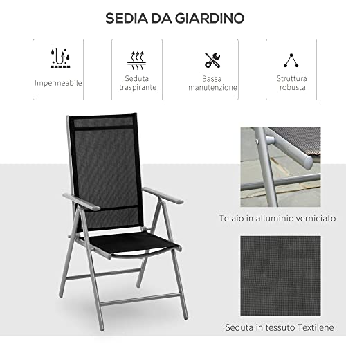 Outsunny Sedia da Giardino Pieghevole in Alluminio e Texteline Schienale Regolabile a 7 Livelli, Nero 65x55x85-105cm - 4