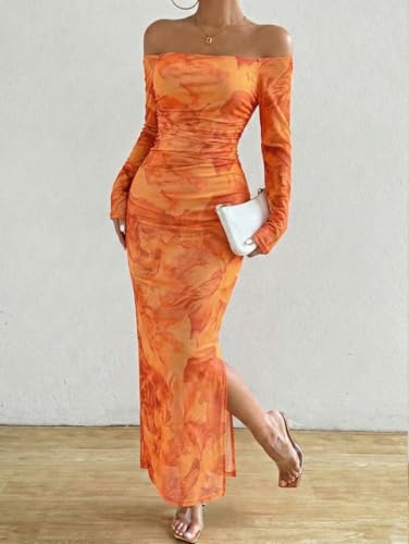 Image of LIGHT DOT Women's Printed Off Shoulder Maxi Dress Long Sleeve Bodycon Ruched Mesh Cocktail Dress