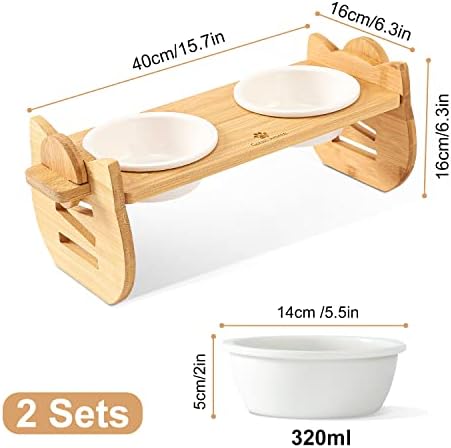 Cat Food Bowl Anti Vomiting, Ceramic Cat Bowls With Stand Tilted, Raised Cat Bowl for Food and Water, Tilted Cat Bowl, Bamboo Cat Feeding Station, Elevated Cat Bowl with Cat-shaped Stand (M)