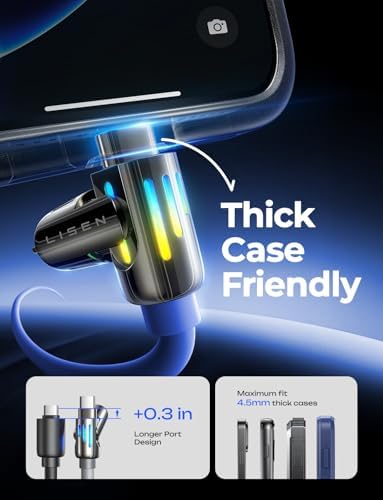 LISEN USB C to Lightning Cable, 240W 4 in 1 Charging Cable 6.6FT, Chubby USB A/C to C/Lightning with Light for iPhone Charger Fast Charging iPhone Air 17 16 15 14 Pro/MacBook/iPad, Dark Blue - 5