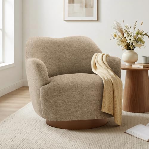 Image of KISLOT, Swivel Accent Chair, Modern Arm Chair with Wooden Base, Sand | Upholstered Barrel Chair with Curves Camel Back Design, Living Room Bedroom Reading Waitingroom