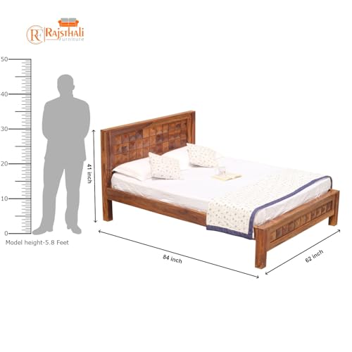 Image of Diomond Sheesham Wood Queen Size Bed Without Storage (84x62 Inch) | Wooden Double Bed Cot for Bedroom Furniture | Modern Palang Design for Home & Hotels | Honey Finish
