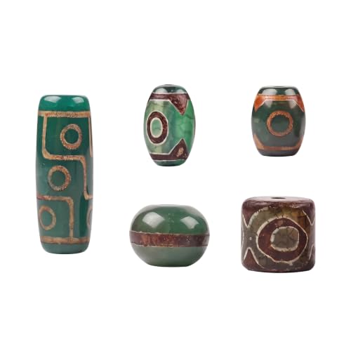 HannaFires 5-Pieces Deep Green Agate Three-Eyed Dzi Beads - Tibetan Natural Raw Stone Beads for DIY Necklace Pendant Jewelry Making & Spiritual Accessories