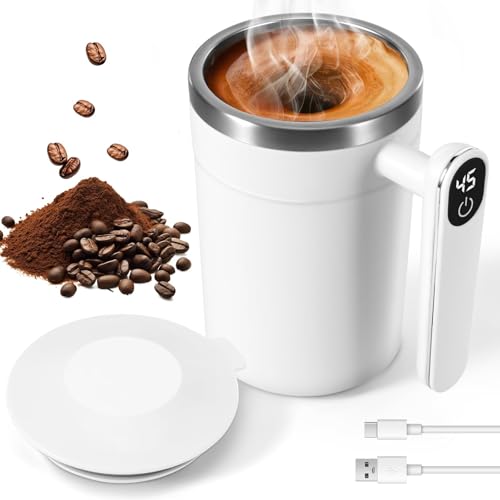 400ml Magnetische Selbstrührende Tasse mit Temperaturanzeige, Wiederaufladbarer intelligente kaffeetasse mit Deckel, Elektrischer Kaffeebecher für Milch Tee Kaffee im Büro Zuhause Reisen (Weiß)