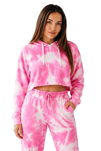 Image of NOROZE Women's Tie-Dye Long-Sleeve Crop-Top Sweatshirt Hoodie Drawstring Pullover Fleece Jumper Tops (14, Pink)
