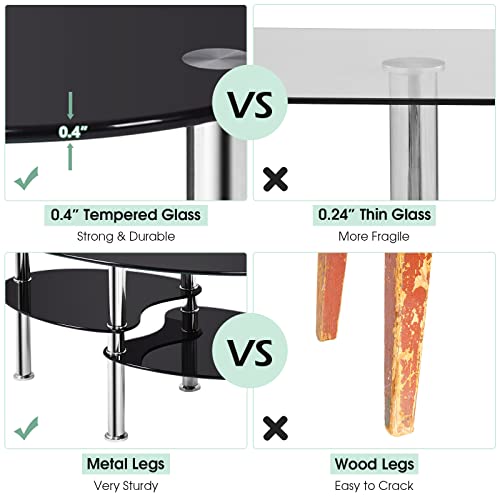 Costway Tempered Glass Coffee Table, 3-Tier Sofa End Table With Metal Tube Legs And Open Shelves, End Table For Living Room, Modern Oval Tea Table For Living Room Office (Black) #TOP5
