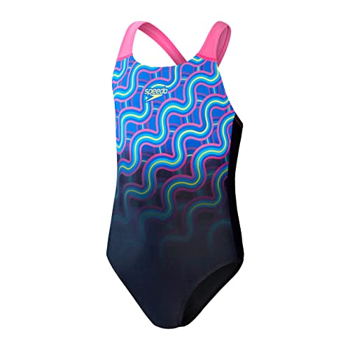 Speedo Girls Digital Placement Splashback Bañador Niñas, True Navy/Rosa violeta/Blue Flame/Amarillo vivo/Lapis Blue, 9-10 Años