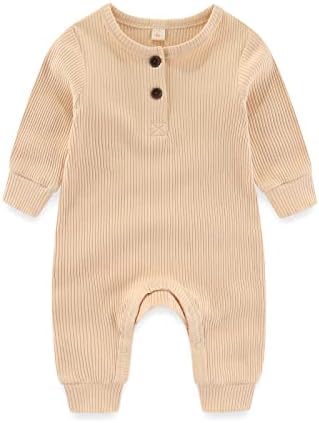 Newborn Baby Boys Girls One Piece Romper With Mitten Cuffs 3 Pack Long Sleeve Ribbed Button Jumpsuit Outfit Clothes white+apricot+gray 3 months - 2