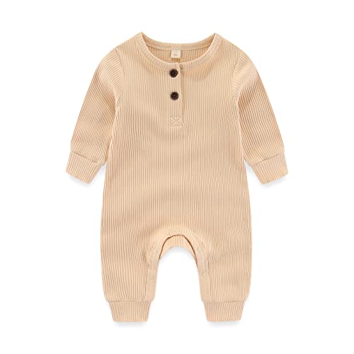 Iadoer Newborn Baby Boys Girls One Piece Romper With Mitten Cuffs 3 Pack Long Sleeve Ribbed Button Jumpsuit Outfit Clothes Apricot+Yellow+Tan 12 Months #TOP1