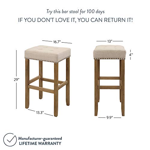 Nathan James Hylie Nailhead Wood Pub-Height Kitchen Counter Bar Stool 29", Natural Flax/Light Brown #TOP1