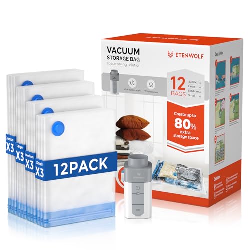 ETENWOLF 12 Pack Vacuum Storage Bags with Rechargeable Wireless Pump,