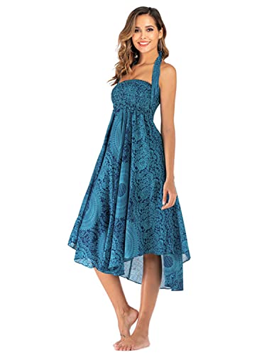JENJON Femme Robe Imprimé Fleurie Ete Boheme Jupe Style Ethnique 2 en 1 sans Manche Plage Strap Wrap Taille Unique A-Bleu – vue 2