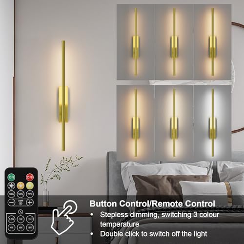 Image of Battery Operated Wall Sconces with Remote Control, 5W 5000mAh Dimmable Wireless Wall Sconces Set of 2, Rechargeable Wall lights Indoor for Living Room Bedroom Hallway, 25.2inch, 2 Pack,Gold