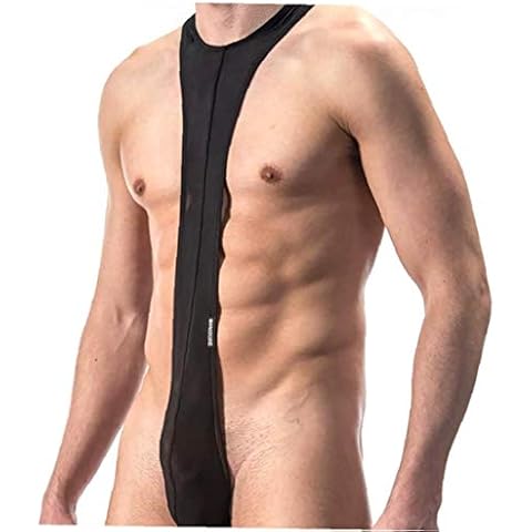 1PC Men's Sexy Collared Tie Bodysuit Thong Butler V Sling Mankini Swimsuit Thongs Wrestling Singlet Suspender Bodysuit Underwear(Black) Cover