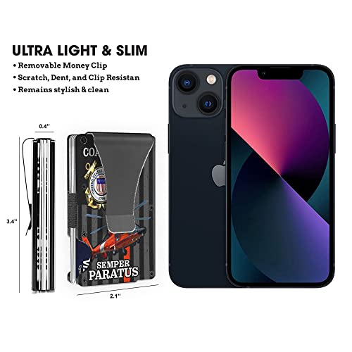 Slim Wallet With Money Clip, Us Coast Guard Red Helicopter Semper Paratus Blocking Front Pocket Credit Card Holder For Coast Guard, 3.35 x 2.13, Black, MWL00012