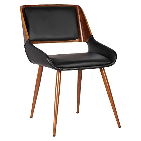 Armen Living Panda Mid Century Modern Upholstered Fabric and Walnut Wood Dining Accent Chair for Kitchen Table Desk Vanity, 20 x 31 x 25, Black Faux Leather Cover