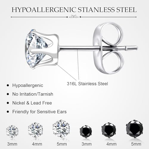ONESING 6 Pairs Stud Earrings for Men Women, Stainless Steel 3-4-5mm Hypoallergenic Cubic Zirconia Earrings Studs Silver/Black Cartilage Helix Tragus Earring Set for Multiple Piercing2