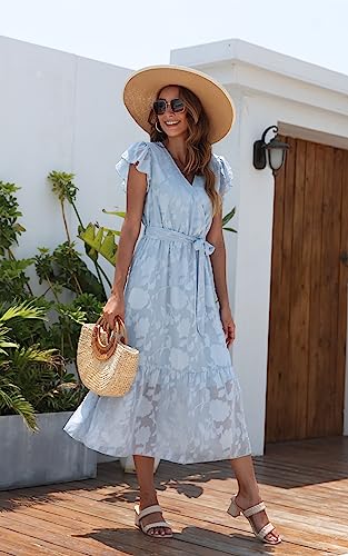 Image of VintageClothing Womens Sundress Casual Floral Summer Boho Dress | Flowy Wrap V Neck Ruffle A-Line Pleated Hem Midi Dresses
