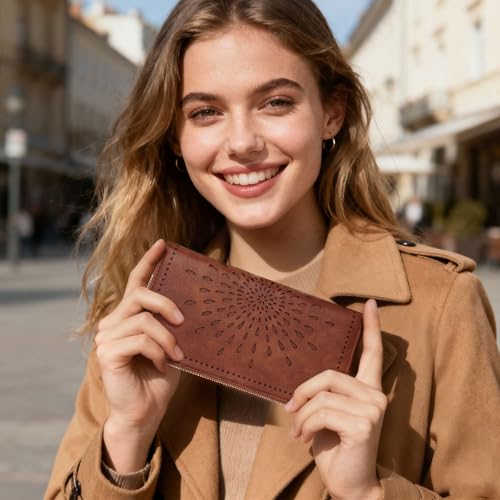 Image of APHISON Wallet Women Large Capacity Clutch Purse For Ladies Card Holder RFID Wristlet Phone Zipper Coin Travel Pocket, 05-brown, 8.2 inch x 4.33 inch x 1 inch, Utility