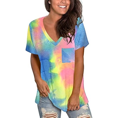 MOLERANI Soft Tshirts for Women Short Sleeve Basic Tees Loose Fitting Tops Blouses Dyed Pink Yellow Blue L Cover
