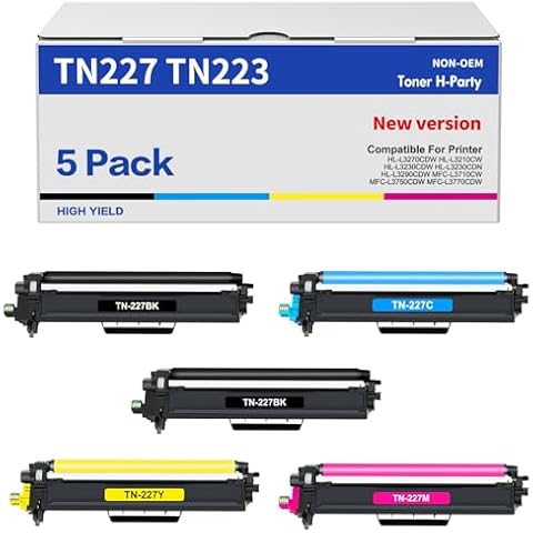 TN227 TN-227BK/C/M/Y High Yield Toner Cartridge: HL-L3290CDW Compatible Replacement for Brother TN-223BK/C/M/Y TN-227 TN223 TN 227 for HL-L3270CDW MFC-L3770CDW MFC-L3750CDW HL-L3210CW Printer 5 Pack Cover