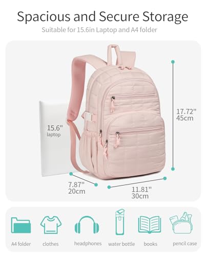 Image of Cute Laptop Backpack for Women, Quilted College Bookbag with Tumbler Holder Pocket for Nurse Teacher Work Travel, Puffer School Backpack for Teen Girls Big Student, Pink