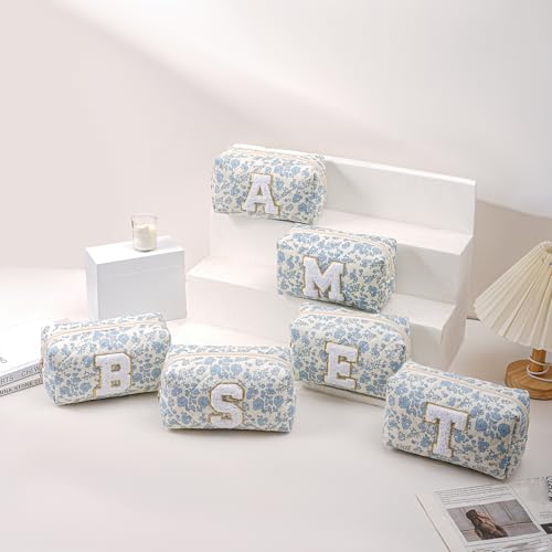JOVAKIT Alphabet Makeup Bag Cosmetic Bag for Women, Christmas Gifts for Girls Age 6-18, Floral Flowers Coquette Travel Toiletry Zipper Make Up Pouch Organizer Trendy Stuff (Blue Floral M)4