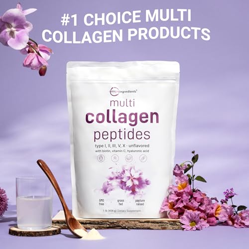 Image of Micro Ingredients Multi Collagen Peptides Powder, 1lb (41 Servings) - Hydrolyzed Type I,II,III,V,X with Biotin, Hyaluronic Acid, Vitamin C - Unflavored Collagen for Women & Men, Easy Dissolve