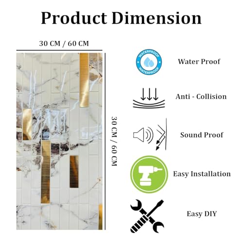 Image of WrapWall 3D Wallpaper Self Adhesive Foam Pack of 8 (60x30 cm) | Waterproof Brick Design Wallpaper |Peel & Stick DIY Wall Decor for Living Room Bedroom Kitchen (8, Gold Mosaic)