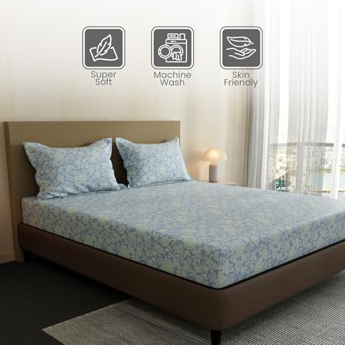 Image of Layers 100% Cotton Bedsheet for Double Size Bed | Lumina Floret Collection | 144 TC Soft & Breathable | Floral Print with 2 Pillow Covers | Wrinkle Free & Colorfast | 3 Piece Bedding Set - Blue