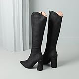 Lizoleor Block Heel Side Zipper Pointed Toe Women Knee Boots High Heel Fashion Denim Solid Color Long Riding Boots Black-DL Size 2 UK/35 - Image 4