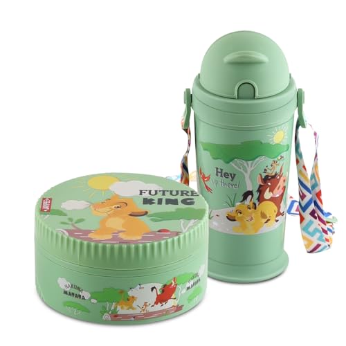 Image of JAYPEE First Step Inner Stainless Steel Insulated Lunch Box Meal and Sip Combo for School Kids Water Bottle Sipper & Disney Princess School Kids Tiffin Box 375 & 270 ml Water Bottle, Green