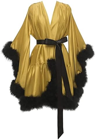 Changuan Women's Feather Robe Silk Satin Fur Bridal Robe Short Dressing Gown Bathrobe Lingerie Nightgown Sleepwear
