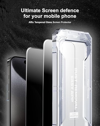 Image of Affix 2 Pack for Privacy iPhone 15 Pro Max Full Coverage Tempered Glass, Screen Protector Guard with Easy Fix Installation Tool, 9H Hardness Shatterproof, HD Clear Scratch Resistant
