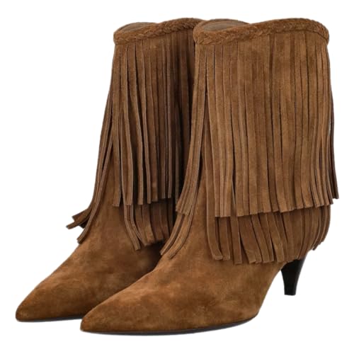 FOWT Women Chic Tassels Pointed Toe Kitten Heel Ankle Boots Pull On Comfort Winter Party Booties Size 4-16 US2