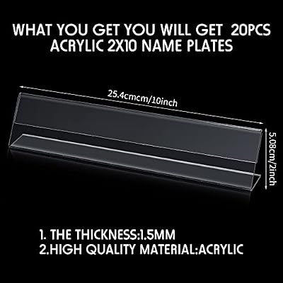 Vicenpal 20 Pcs Acrylic Name Plates for Desks 2 x 10 Inch Clear Plastic Name Tent Holder Bulk Horizontal Slant Back Tag Holder Desk Sign Frame for Office School Classroom Meeting Room Table Display