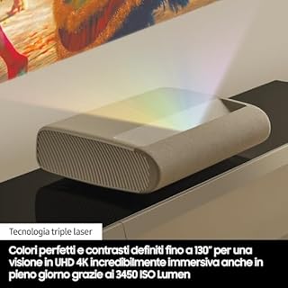 Samsung Proiettore 4K UHD The Premiere LSPU9, Tecnologia Triplo Laser 4K, 3450 ISO Lumen, Proiezione a Raggio Ultra-Corto, FILMMAKER MODE, Suono Potente 2.2.2 Canali da 40 Watt, Colore Warm White