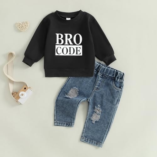 Baby Boy Fall Winter Outfit Bro Code Clothes Long Sleeve Sweatshirt Elastic Waist Ripped Denim Pants 2 Piece Set2